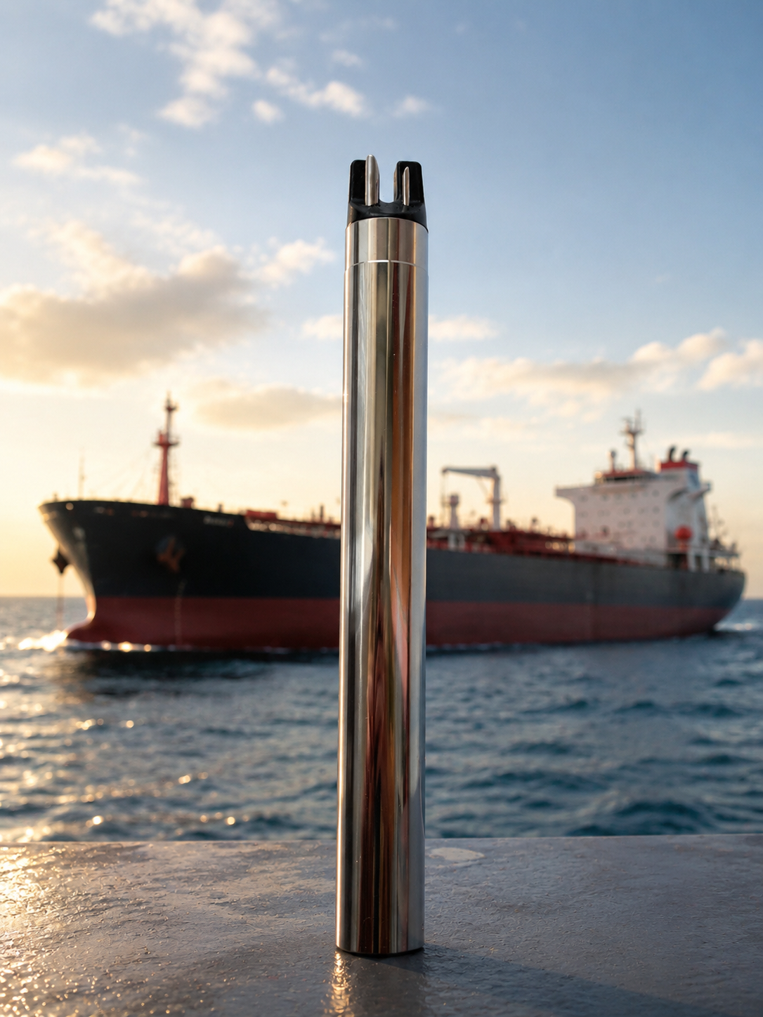 DS1 GTEX Compatible UTI Sensor | Dipsense Dipsense DS1 GTEX compatible UTI sensor for marine tanker cargo tank gauging with oil tanker in the background