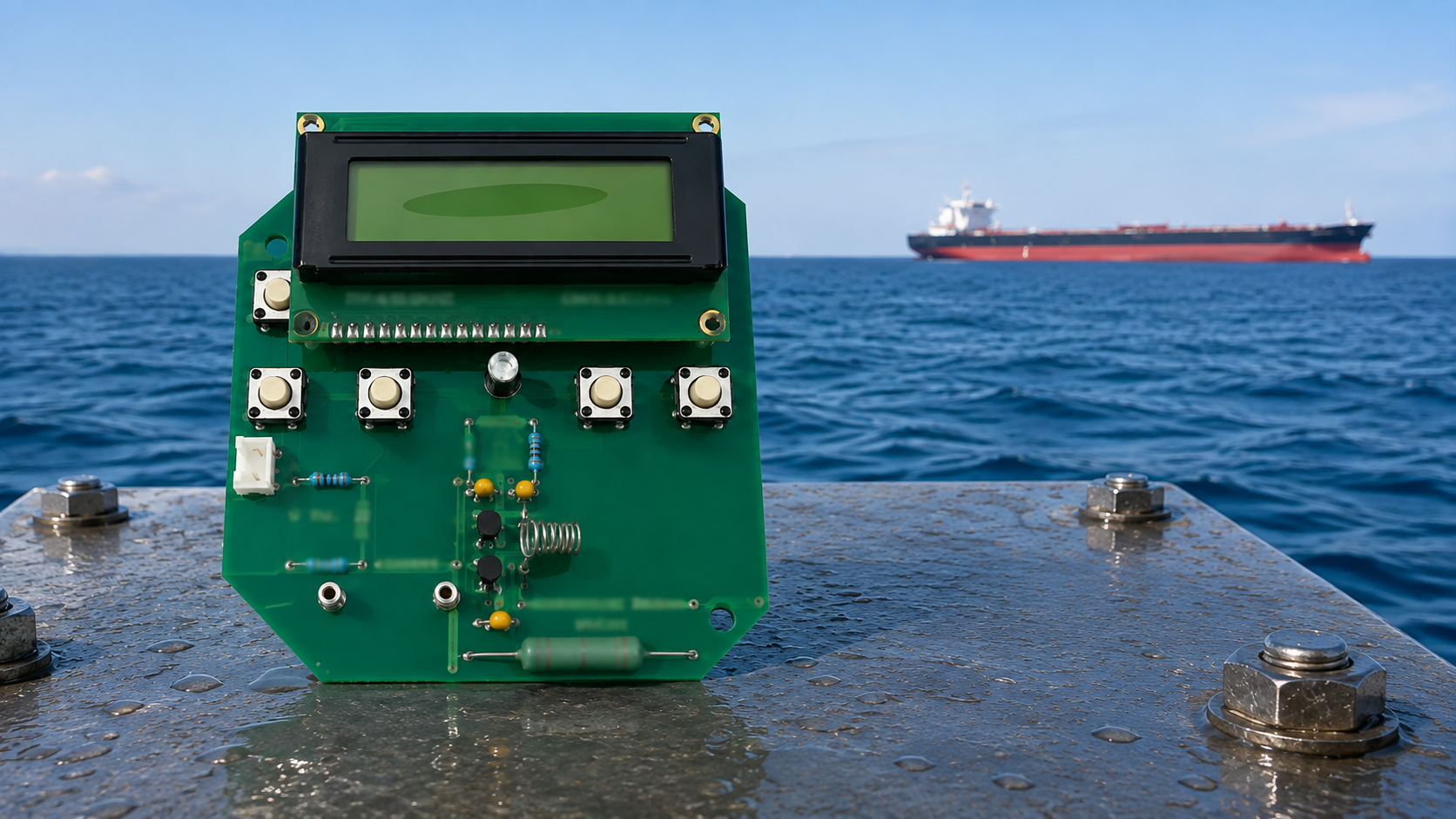 Compatible PCB Uti board on deck with tanker in the background Compatible PCB Uti board on deck with tanker in the background