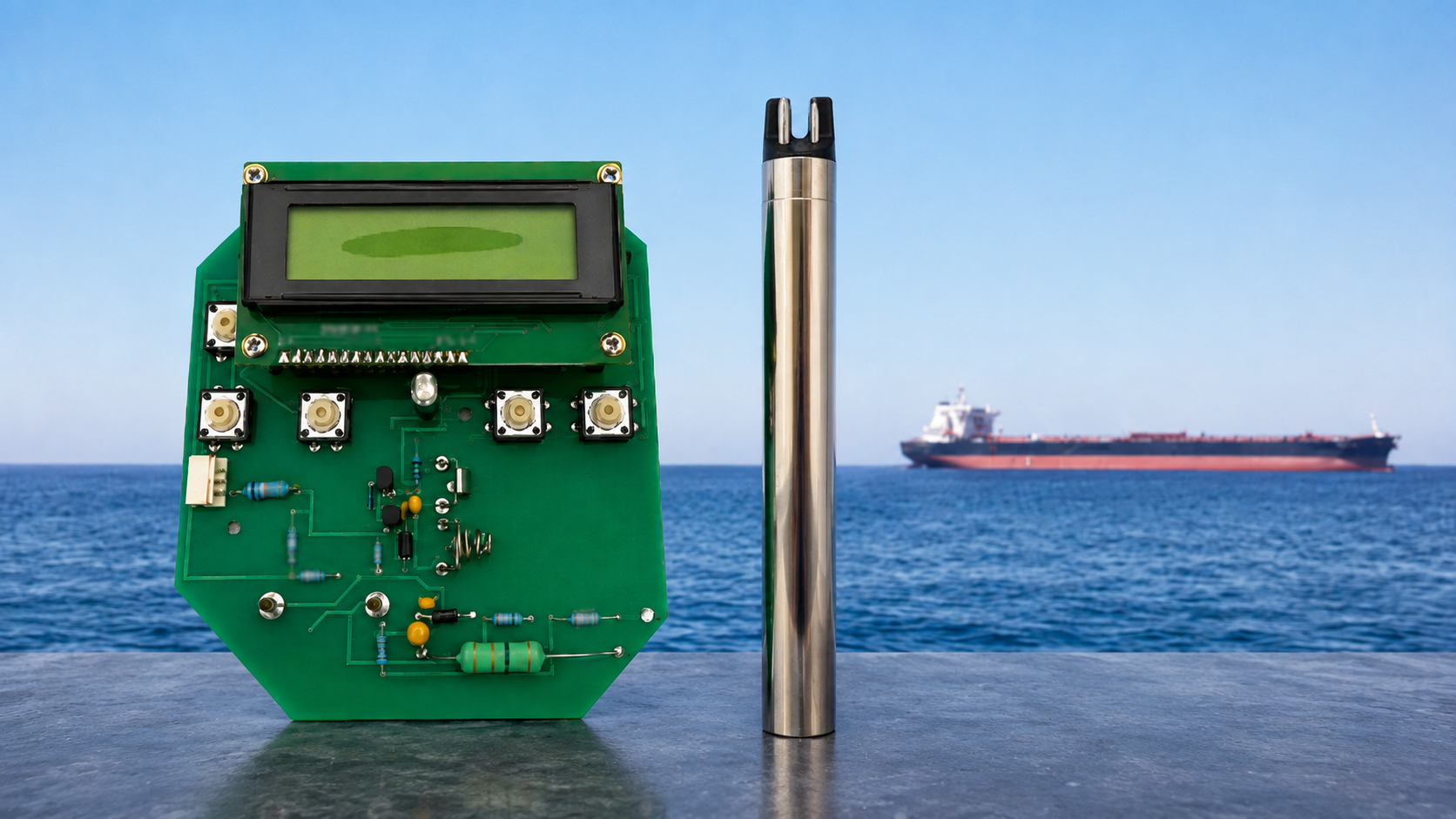 Uti sensor and pcb with tanker in the background Uti sensor and pcb with tanker in the background